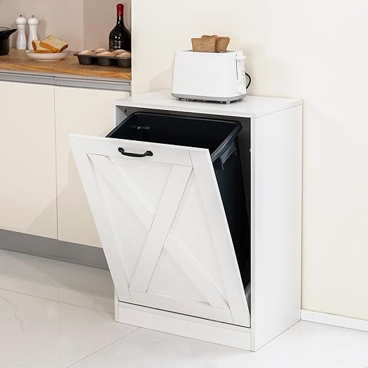 Zvyteay 13 Gallons Tilt Out Trash Can Cabinet, Wooden Free Standing Kichen Waste Bin Recycling Cabinet Hidden Trash Cabinet (White)