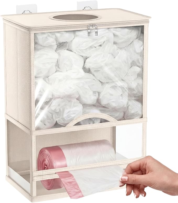 Plastic Bag Holder, Grocery Bag Holder with Trash Bag Roll Dispenser, Wall Mounted Soft Fabric Trash Bag Dispenser (Not Rigid), 14.6" L x 7.7" W x 19.3" H, for Kitchen Pantry Laundry Garage, Beige
