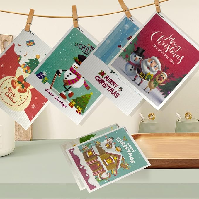6 - Pack Swedish Kitchen Dish Cloths - Reusable Paper Towels for Counters & Dishes - Eco Friendly Cellulose Sponge Cloth (Xmas)