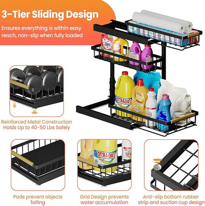 Under Sink Organizer and Storage for Bathroom and Kitchen - 1 Pack 3 Tier Under Cabinet Pull Out Shelf Organizers - Slide Out Drawer Organization for Home Cabinets Shelves and Drawers