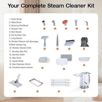 10-in-1 Steam Cleaner, Steam Mop & Detachable Handheld Steam Cleaner, 320ml Water Tank, 10s Fast Heating, Portable Steamer for Kitchen, Floor, Tiles, Window, BBQ Grill, Car, Bright White