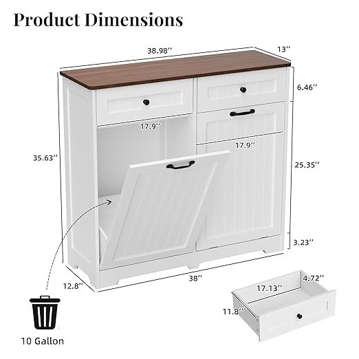 AHB Double Tilt Out Trash Can Cabinet for 2 Bins, Hidden Garbage Can Cabinet with Drawers, Wooden Trash Bin Cabinet, 10 Gallon Trash Can Holder Cabinet for Kitchen, Living Room, Laundry Room, White