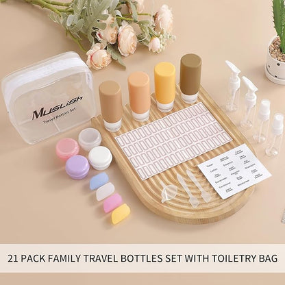 Muslish 21 Pack Travel Bottles for Toiletries, Leak-Proof TSA Compliant Silicone Travel Size Containers for Shampoo and Conditioner, BPA Free with Toiletry Bag (Apricot)