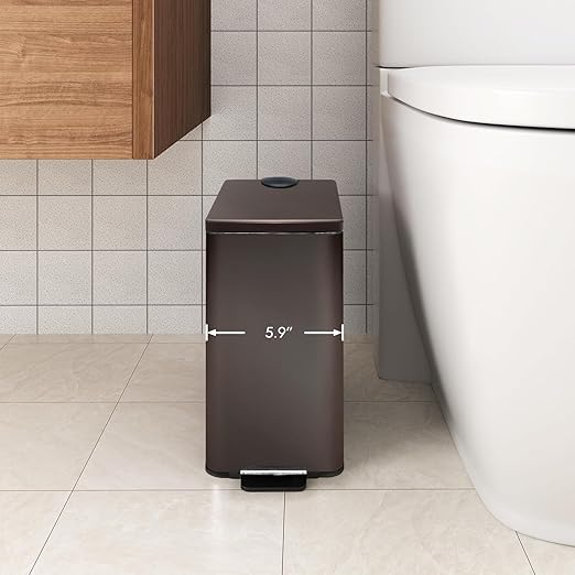 Stainless Steel Small Trash Can with Lid & Step Pedal - 5 Liters/1.3 Gallon Soft Close Garbage Can with Removeable Inner Bucket - Trash Cans for Bathroom, Bedroom, Kitchen & Office (Bronze)