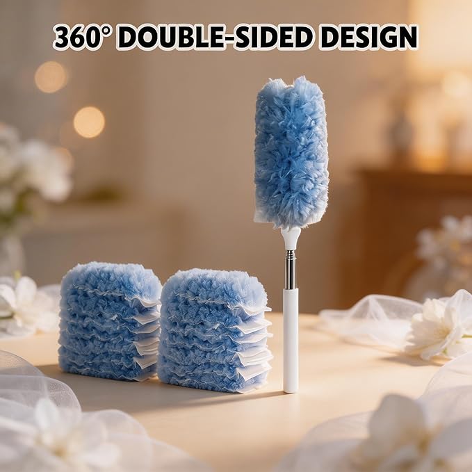 Heavy Duty Duster Refills, Disposable Dusters Kit for Cleaning Dusting Furniture Blind Ceiling Fan, Multi Surface 360 Feather Duster(10)+3FT Extended Handle（1） (Navy Blue)