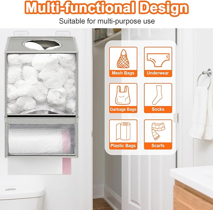 Spaclear Wall Mount Plastic Bag Holder - Large Oxford Cloth Grocery Bag Holder, 2-in-1 Plastic Bags Organizer with Trash Roll Dispenser for Home Kitchen Closet Cabinets Sink, Gray