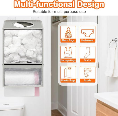 Spaclear Wall Mount Plastic Bag Holder - Large Oxford Cloth Grocery Bag Holder, 2-in-1 Plastic Bags Organizer with Trash Roll Dispenser for Home Kitchen Closet Cabinets Sink, Gray