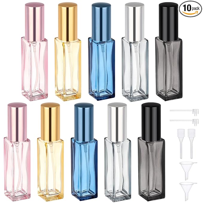 Segbeauty 0.34oz Empty Travel Perfume Bottle, 10pcs Glass Portable Perfume Atomizer Refillable, 10ml Mini Cologne Spray Bottles, Small Travel Sample Cologne Bottles with Clear Transfer Tool Set