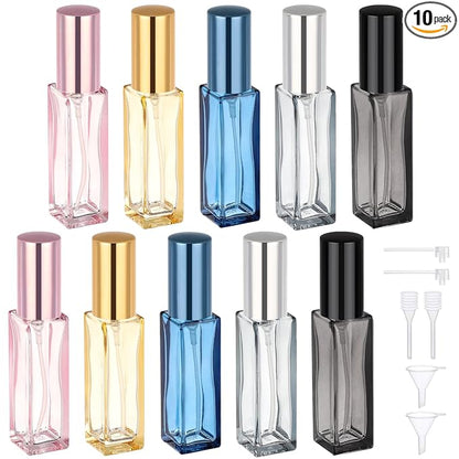 Segbeauty 0.34oz Empty Travel Perfume Bottle, 10pcs Glass Portable Perfume Atomizer Refillable, 10ml Mini Cologne Spray Bottles, Small Travel Sample Cologne Bottles with Clear Transfer Tool Set