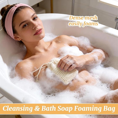 100PCS Sisal Soap Saver Bags, Natural Sisal Soap Exfoliating Bag with Drawstring, Reusable Mesh Foaming Soaps Pouch for Bath & Shower, Soaps Holder Drying Bag Savers