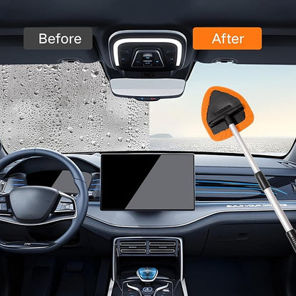Qydipclin 7pcs Windshield Cleaner Tool Car Window Cleaning Wash Kit with 4 Reusable Microfiber Pads 1 Spray Bottle and Extendable Handle Auto Glass Wiper Kit, Orange
