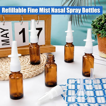 10 Pcs Nasal Spray Bottle, 20ML/0.7OZ 6 Pcs Fine Mist Glass Empty Refillable Nasal Spray Bottle with 2 Pcs Funnels and 2 Pcs Labels