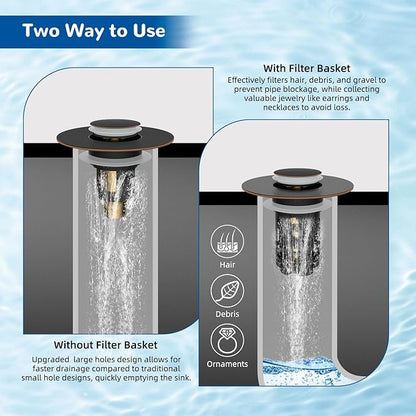 Hibbent Upgraded 3 in 1 Bathroom Sink Drain Strainer, Universal Pop Up Stopper with Removable Stainless Steel Filter Basket Hair Catcher, Sink Plug for 1.1''~2.36'' Basin, Oil-Rubbed Bronze