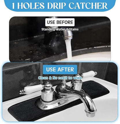 Teenyyou 2 Pcs Faucet Mat for Kitchen Sink Splash Guard for Kitchen Sink Faucet Dish Drying Mat for Bathroom Sponge Holder (Gray and Black,1 Oval Hole)