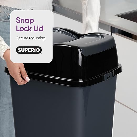 Garbage Can with Swing Top-Split Lid | Large Kitchen Trash Can with Lid | Durable Plastic |Slim & Sturdy Trash Bin | Fingerprint Resistant | 13 Gallon / 50 qt / 50 L – Grey/Black | Superio