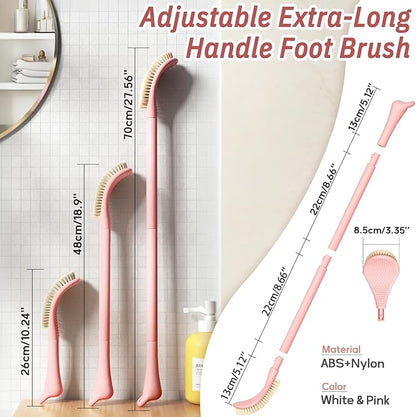 New Foot Brush & Foot File Set(2PCS), 3-in-1 Foot Scrubber in Shower, 10.2’’-27.5’’Adjustable Long Handle Foot Scrub Brush and Upgrade Foot File Callus Remover, Gift-Box Packed(Pink Set)