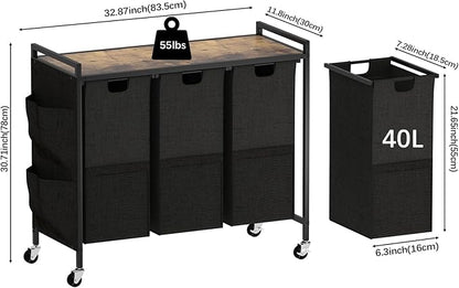 Huhote Laundry Hamper, Laundry Basket, Laundry Sorter with Top Shelf & 3 Removable Washable Bags & Side Pockets for Laundry Room organization, Bathroom and Dorm, Rustic Brown and Black