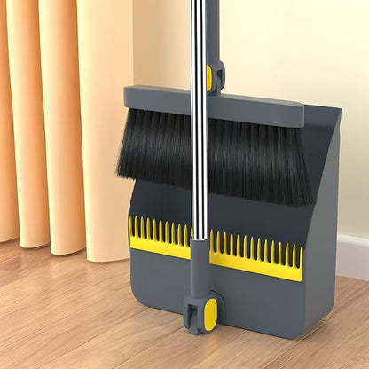 2-in-1 Broom with Dustpan Combo Set,Long Handle Broom Dustpan Combo with Dustpan Teeth to Automatically Clean Hair for Home, Indoor or Outdoor Cleaning Hall Floor (Grayyellow)