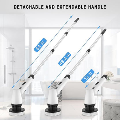 KEROMEE Electric Spin Scrubber Cordless Cleaning Brush with 7 Replaceable Brush Heads & Adjustable Extension Handle, 2 Speed Power Shower Scrubber for Bathroom, Tub, Tile, Floor (White)