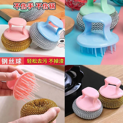Stainless Steel Dish Scrubber Pot Brush Can Be Disassembled and Washed, Kitchen Cleaning Ball Does ，Not Damage Pot Strong Cleaning Brush (Green Handle Steel Wire Ball)