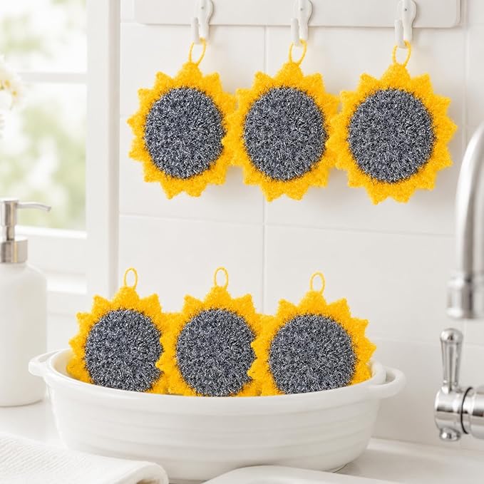 Breling 6 Piecs Sunflower Shape Dish Sponge Dual Sided Non Scratch Dish Washing Scrubbers, Reusable Household Cleaning Kitchen Tools for Dishwashing Washing Dishes Cookware(Sunflower)