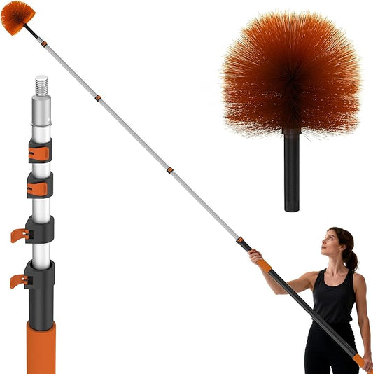 26 FT Cobweb Duster with Extension Pole, Cobweb Duster with 5-20FT Telescoping Extension Pole, Cleans Spider Webs, Washable & Reusable for High Ceilings, Fans & Outdoor & Indoor Cleaning