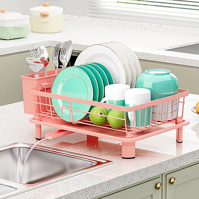 Cute Pink Dish Drying Rack with Drainboard,Dish Racks for Kitchen Counter Organization (with 4 Hooks)