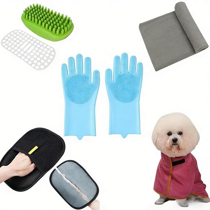 5Pcs Pet Shower & Bath Supplies Dog Shampoo Brush Set All in One Grooming Kit Fast Dry Dog Bathrobe Spa Massage Scrubbing Brush Easy Clean Glove Microfiber Towel & Deshedding Glove