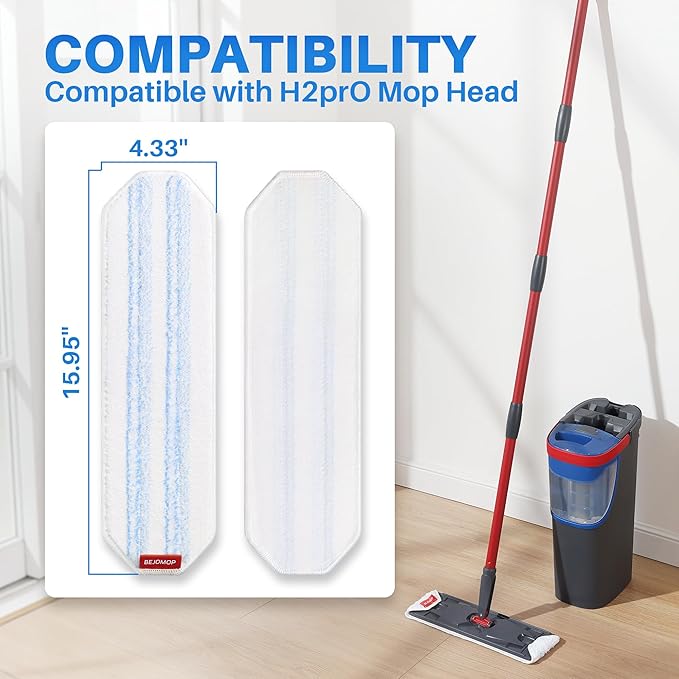 18 PCS Mop Pads, 15.95” x 4.33” Reusable Microfiber Mop Pads Replacements Compatible with Ocedar H2prO Flat Mop, Washable Replacement for Wood Floor, Blue & White Stripes Wet Pads Refill