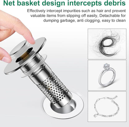 Bathroom Sink Drain Strainer,Universal Pop-Up Sink Stopper Hair Catcher, Anti-Clog Stainless Steel Drain Filter Basket, Removable Sink Drain for Bathroom Sink Stopper