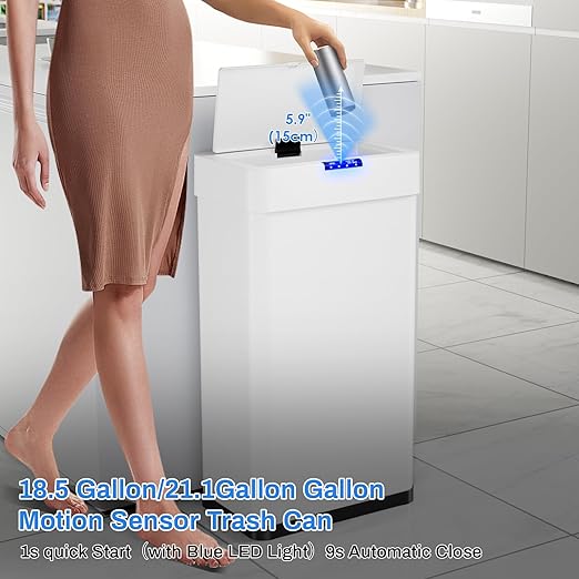 Sensor Trash Can, Touchless Motion Sensor Trash Bin, Smart Automatic Garbage Can with Soft-Close Lid, Bag Retainer Ring and Display Light,for Kitchen,Living Room Office (White, 16 Gal)