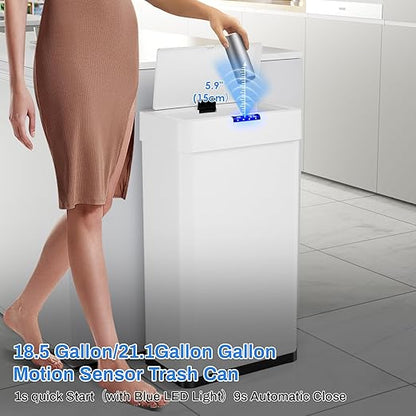 Sensor Trash Can, Touchless Motion Sensor Trash Bin, Smart Automatic Garbage Can with Soft-Close Lid, Bag Retainer Ring and Display Light,for Kitchen,Living Room Office (White, 16 Gal)