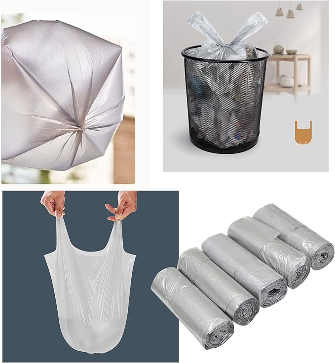 4 GALLON Bathroom Trash Bags, 5 Rolls/100 Counts Small HANDLES Garbage Bags for Office, Kitchen,Bedroom Waste Bin,Colorful Portable Strong Rubbish Bags (silver 100Counts)