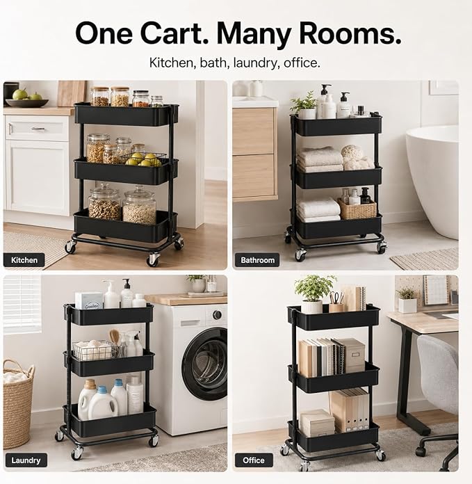 3 Tier Utility Rolling Cart, Heavy Duty Metal Rolling Cart with Wheels, Storage Organizer, Portable Mobile Shelving Unit for Office, Bathroom, Kitchen (Black)