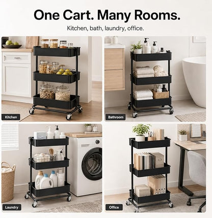 3 Tier Utility Rolling Cart, Heavy Duty Metal Rolling Cart with Wheels, Storage Organizer, Portable Mobile Shelving Unit for Office, Bathroom, Kitchen (Black)