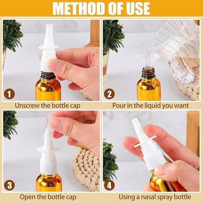 20 Pcs Nasal Spray Bottle, 30ML/1OZ 12 Pcs Bright Plating Gold Silvery Black Empty Refillable Glass Nose Spray Bottle with 4 Funnels and 4 Labels