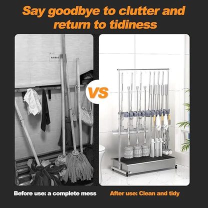 SARKEY Mobile Broom Mop Holder,Cleaning Supplies Organizer,Freestanding Storage Cart,Rolling Janitor Cart With Wheels,Drip Tray,For Garden Garage Schools Hotels Hospitals(98x50x170cm(39x20x67in))