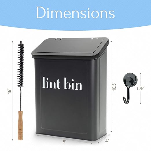 Magnetic Laundry Lint Bin for Dryer | Wall-Mounted Small Trash Can for Laundry Room | Includes Magnetic Hook & Lint Brush | Space-Saving Magnetic Laundry Trash Can | Matte Black