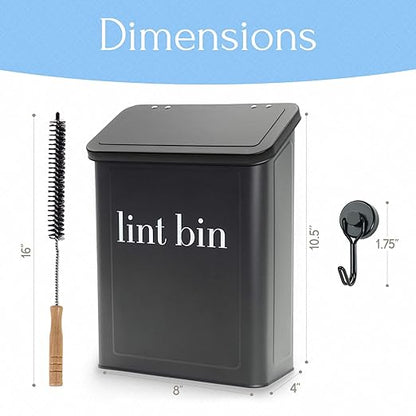 Magnetic Laundry Lint Bin for Dryer | Wall-Mounted Small Trash Can for Laundry Room | Includes Magnetic Hook & Lint Brush | Space-Saving Magnetic Laundry Trash Can | Matte Black
