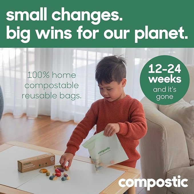 Compostic Compostable Snack Bags, Snack Size (200 Count) Bulk Pack — Resealable Zip-Seal, Plant-Based, Home Compostable, Freezer Safe, BPA-Free, Non-Toxic, GMO-Free Food Storage Bags