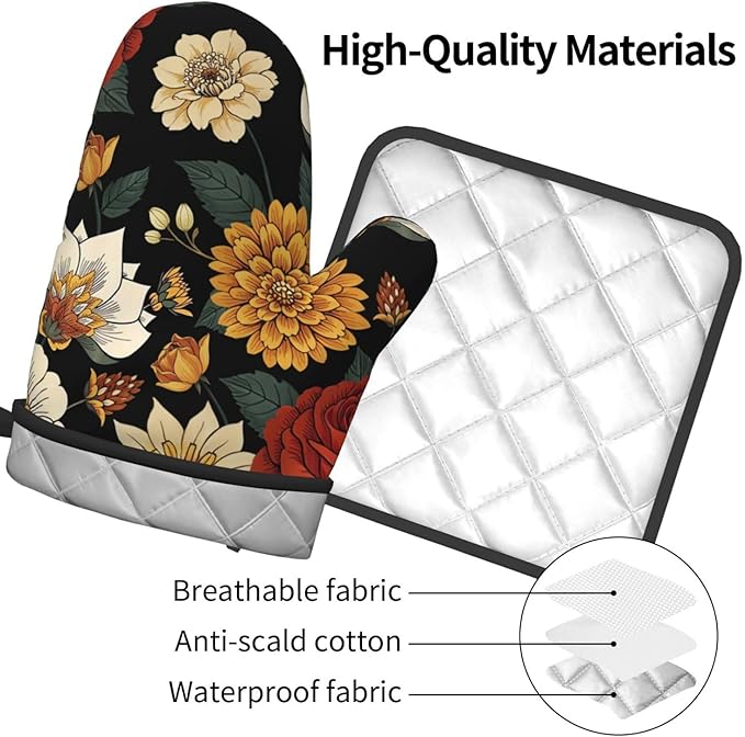 Boho Floral Oven Mitts and Pot Holders Sets of 2 Vintage Kitchen Mitts Bohemian Flower Hot Pads for Cooking Baking Grilling