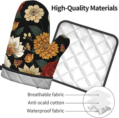 Boho Floral Oven Mitts and Pot Holders Sets of 2 Vintage Kitchen Mitts Bohemian Flower Hot Pads for Cooking Baking Grilling