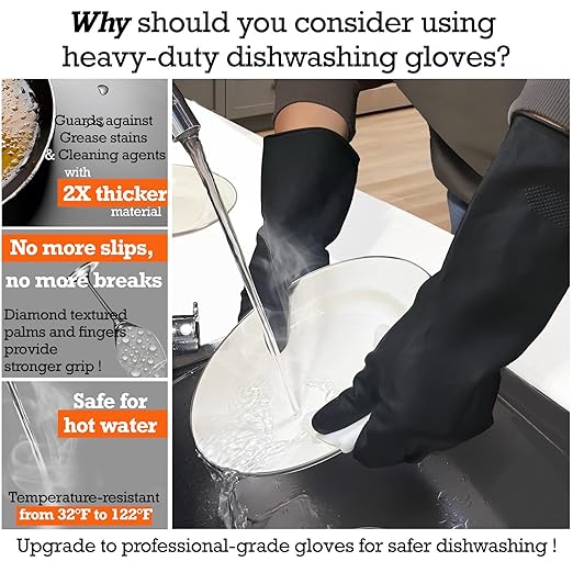 Thick Rubber Cleaning Gloves - 1 Pair Black Rubber Gloves for Dishwashing Extra Large, Non-Slip Kitchen Gloves for Washing Dishes, Reusable Cleaning Gloves, Waterproof, Heavy-Duty (1P,XL)