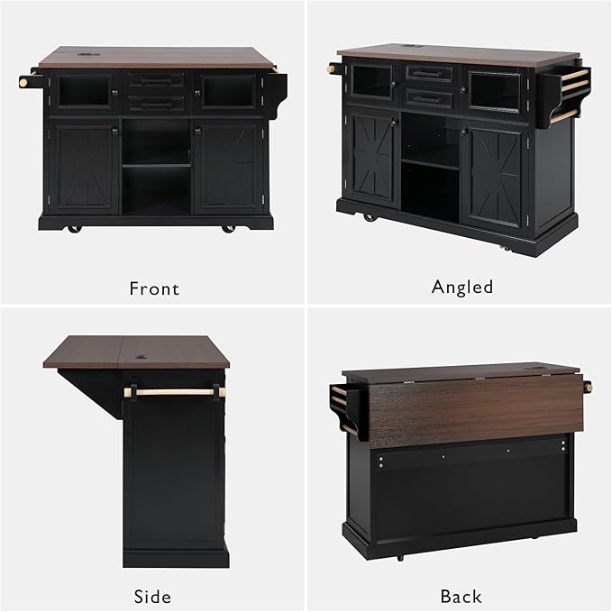 54.9" Large Kitchen Island with Drop Leaf, Power Outlet, Kitchen Storage Islands with Cross Barn Doors & Visual Glass Door, Rolling Kitchen Cart on 4 Wheels, Black