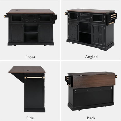 54.9" Large Kitchen Island with Drop Leaf, Power Outlet, Kitchen Storage Islands with Cross Barn Doors & Visual Glass Door, Rolling Kitchen Cart on 4 Wheels, Black