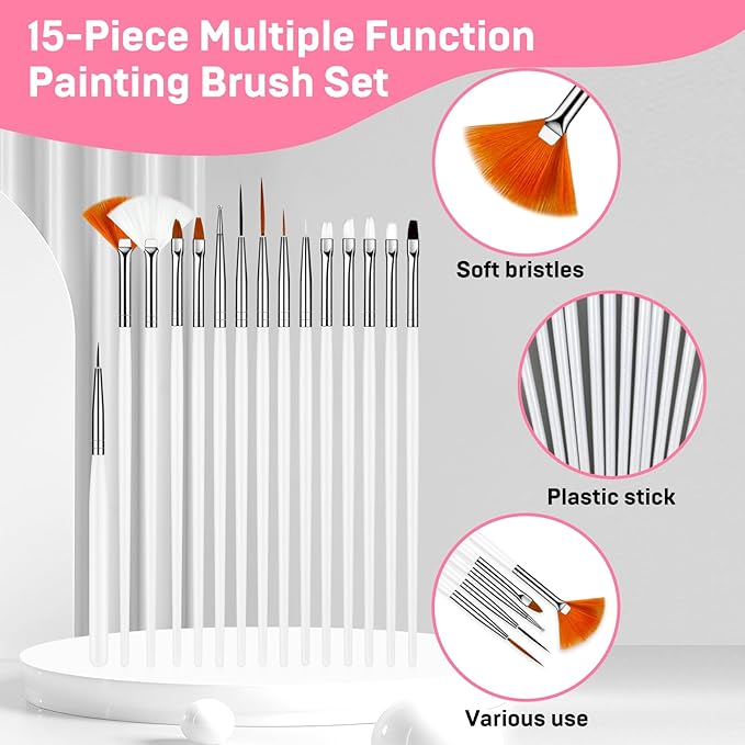 MUIIGOOD 15pcs White Nail Art Brushes Set Nail Pen Designer Acrylic Nail Art Gel Painting Brushes Tool Dust Brush,Striping Brushes Dotting Tools for Long Lines Fan Brush Gel Polish Nail Art Supplies