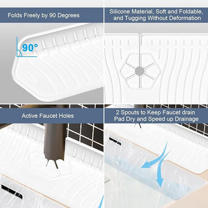 Faucet Guard - 90 Foldable Draining Mat for Kitchen Sink with 2 Drain Ports, White, 24"*5.66"