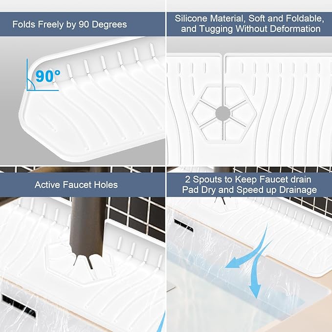 Faucet Guard - 90 Foldable Draining Mat for Kitchen Sink with 2 Drain Ports, White, 17.7"*5.66"