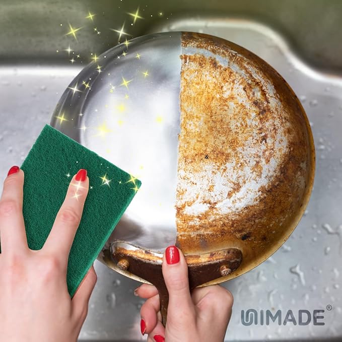 UNIMADE Heavy Duty Scouring Pad, 96Pcs Household Scour Pad for Kitchen, Garage and Outdoors, Reusable Dish Scrubber Pads for Pan and Metal Grill - Green
