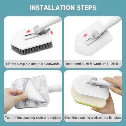 nacena Shower Scrubber with Long Handle, 3 in 1 Tile Tub Scrubber Brush with 3 Detachable Cleaning Heads Adjustable Handle Shower Cleaner Brush for Bathroom, Kitchen, Toilet, Wall, Sink, Grey White